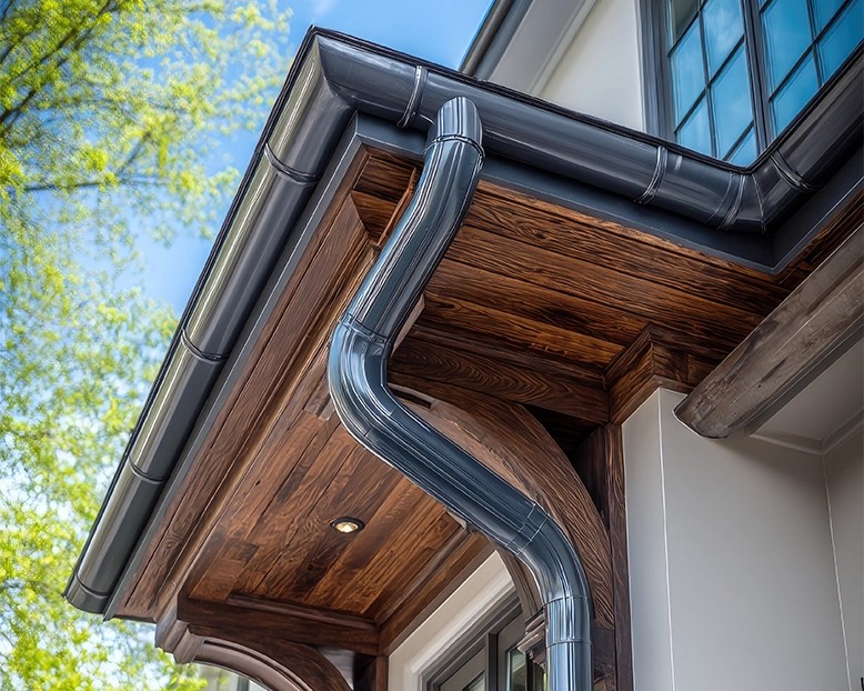 Premium seamless gutter and downspout system installed on a custom home for effective drainage and enhanced curb appeal.