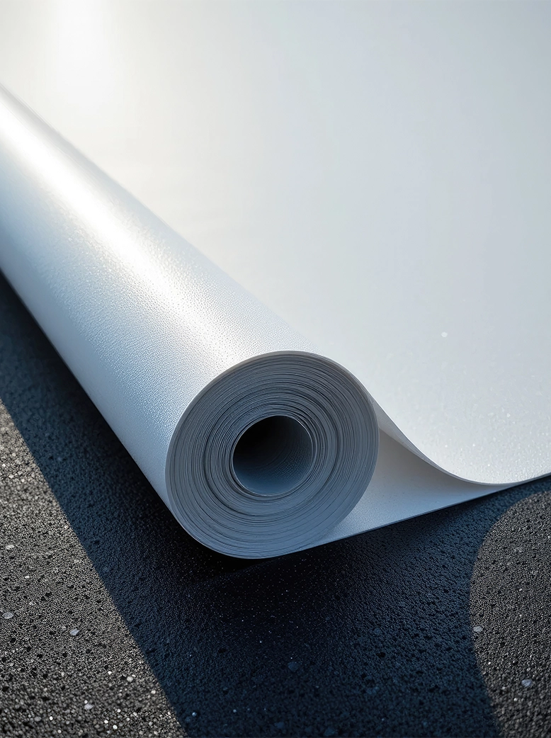 Close-up of a white TPO roofing membrane, a durable and energy-efficient commercial roofing material designed for superior waterproofing and UV resistance.