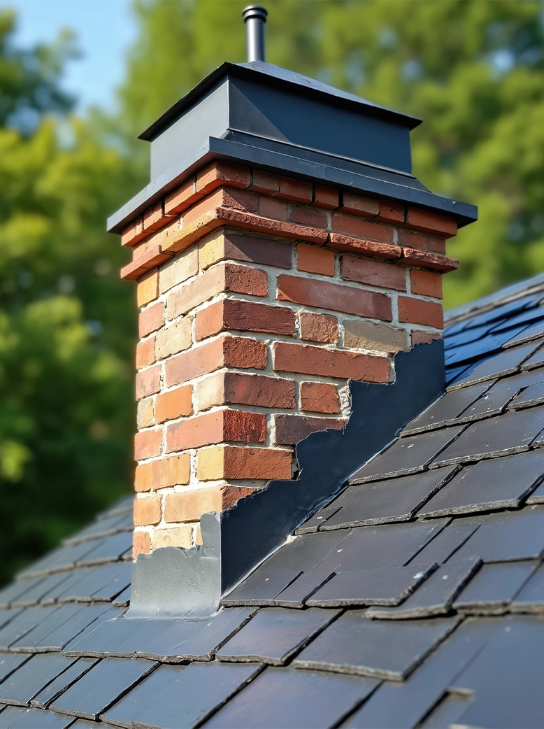 Brick chimney with professionally installed chimney flashing and roofing materials designed to prevent leaks and water intrusion.
