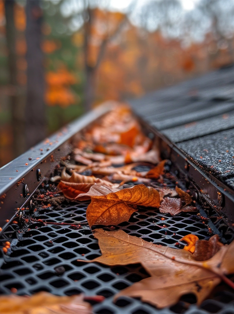 Gutter guard system preventing leaves and debris from clogging residential rain gutters.
