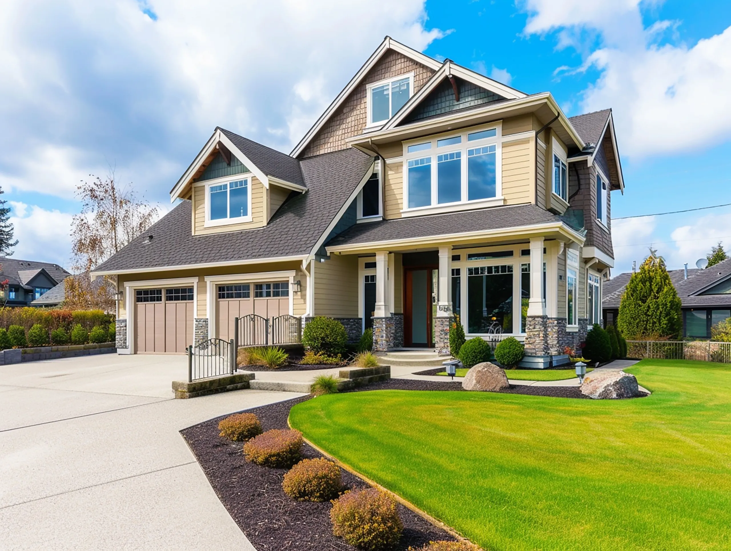 Well-maintained residential property featuring a lush green lawn, landscaped yard, and durable roofing system.